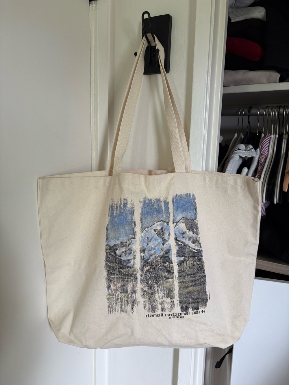 Denali National Park Alaska Canvas Tote Bag in Natural with Blue Mountain Print